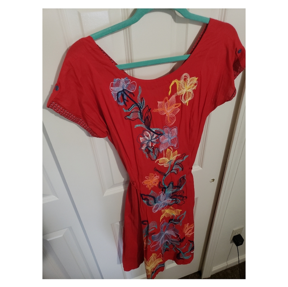 Red, floral embroidery dress with pockets